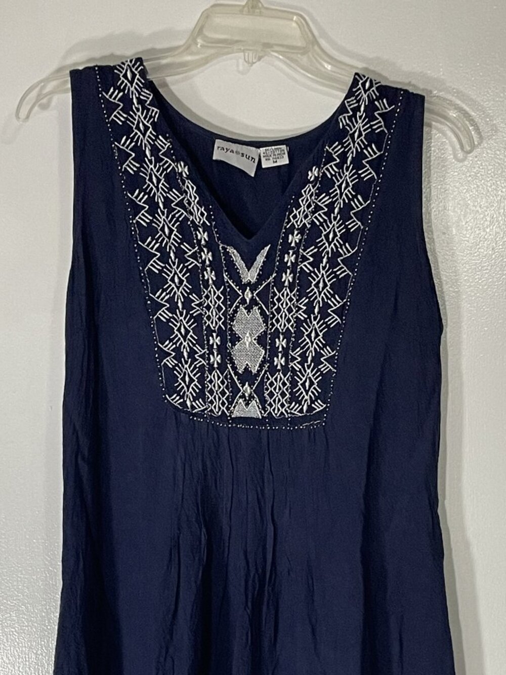 Raya Sun Women’s Navy Linen Dress Med Sleeveless Embroidered Beaded Short